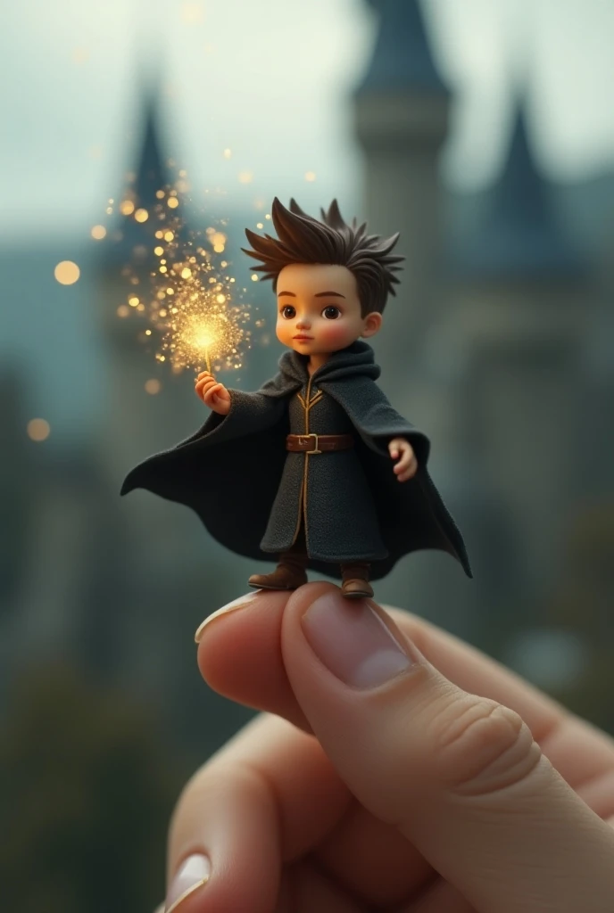 A miniature young wizard with spiky hair and a black cape, balanced on the tip of a human finger as he casts a spell that releases tiny golden sparks. In the background, a blurred castle tower.