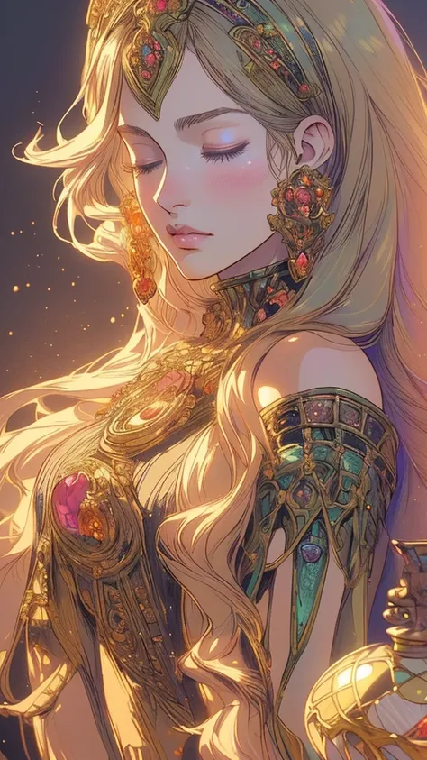 a beautiful woman with long hair, closed eyes, holding a crystal ball, facing front, anime style, illustration, mucha style, detailed face, beautiful detailed eyes, beautiful detailed lips, extremely detailed eyes and face, long eyelashes, (best quality,4k...