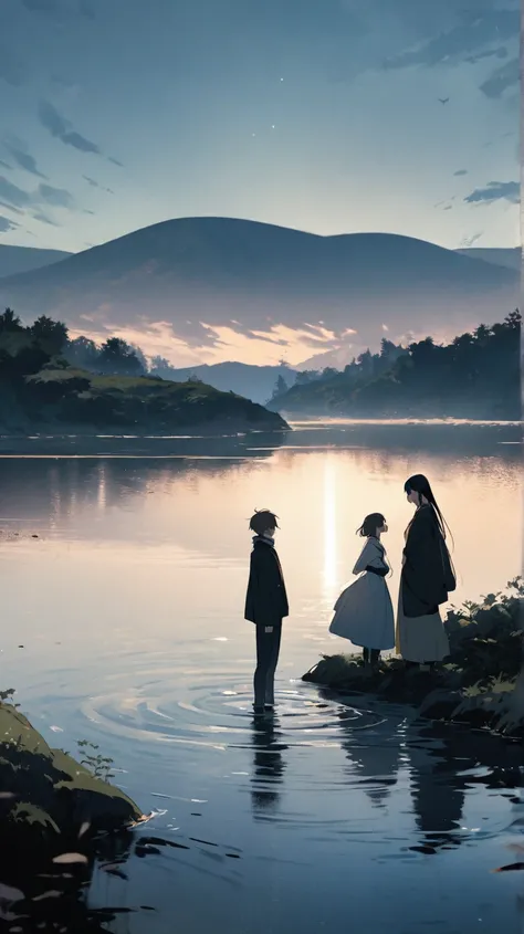 Two characters stand facing each other, both glancing away slightly. The landscape is open and serene, with the gentle rippling of water in the background.