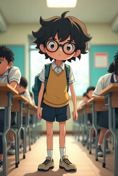 Japanese clumsy high school student with curly hair and tall dark-skinned glasses