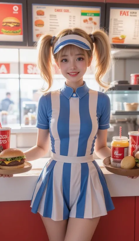 Burger Shop, ((One woman)), Twin tails, visor, striped uniform, Blue AND White, mini skirt, counter, The best smile, tray, Packaged hamburger, Cola drink, potato, Inside the store, bright