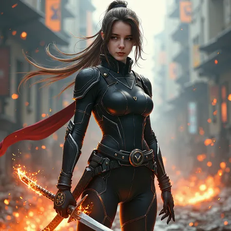 A fierce 18-year-old warrior with youthful features and a serious, determined expression. She wears a sleek, futuristic black semi-samurai suit that enhances her speed and agility while providing protection, with minimalist armor that fits her slim, athlet...