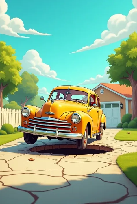 A car that crashes into a cartoon-style driveway 