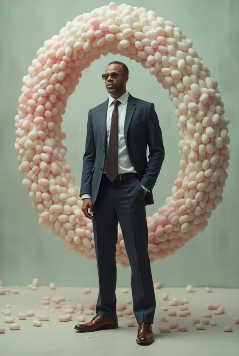 A circle of gum and next to it a formal man 