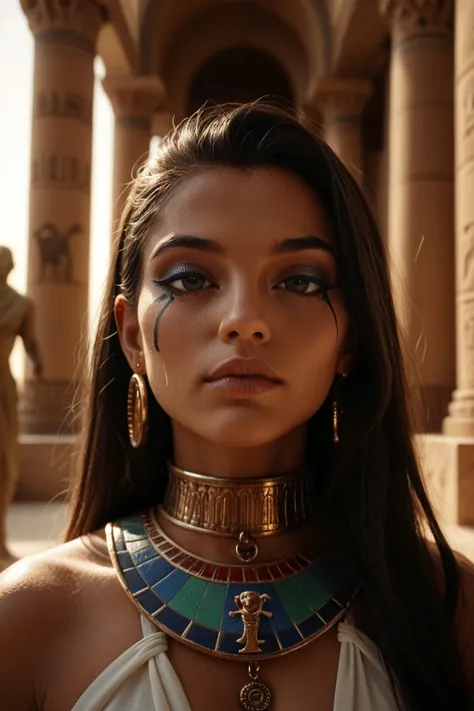 Egyptian Queen, collar,  light reflections on the skin, earring, makeup, long hair, Background of a palace , Egyptian statues, hieroglyphics,  highly detailed , detailed curves, High contrast,  movie grain,  edge lighting , Long exposure, dslr