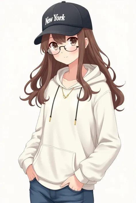 anime,  a woman wearing a white hoodie,  Brown Hair , jeans, transparent glasses, thin gold necklace and a cap from NY .