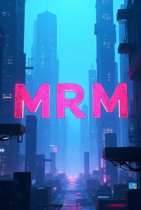 Create a YouTube profile picture where MrM is in the middle and a mainly blue Cyber City is in the background