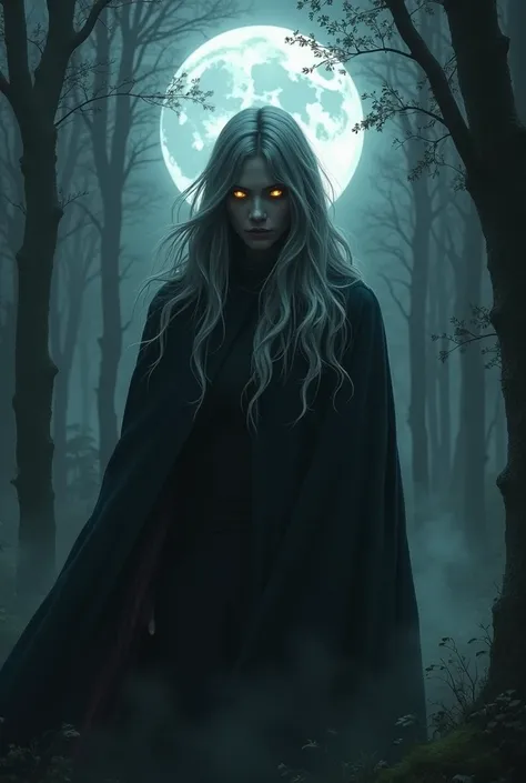 Shady man in the forest,  silver-haired golden-eyed woman with a cape covering her face, Lobo Petro behind the moon  