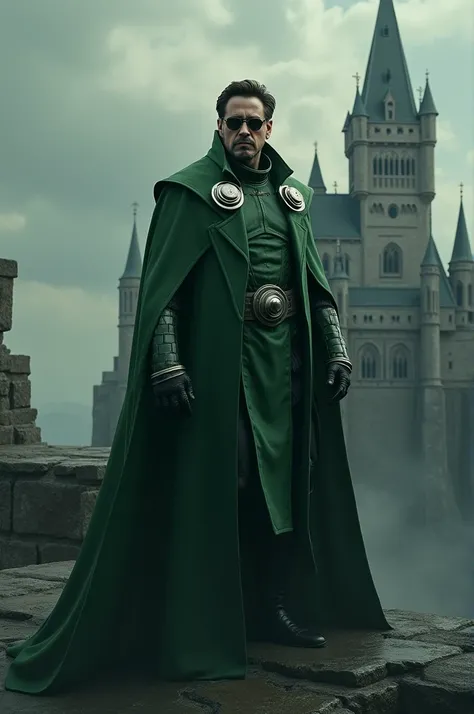 Create a image Robart downey jr. As Dr. Doom and he satnd on her castle 