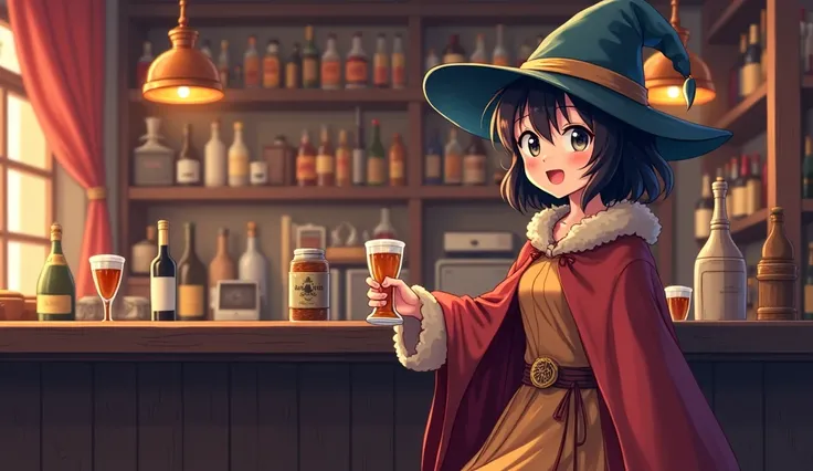 8k、High school girl、 mature、Robe、Three-cornered hat、 Medieval Europe、smile、 seems to be having fun、A lively bar、Anime 2D Style、Lo-Fi、LoFi、アニメ調Illustration、Illustration、 Long Shot 