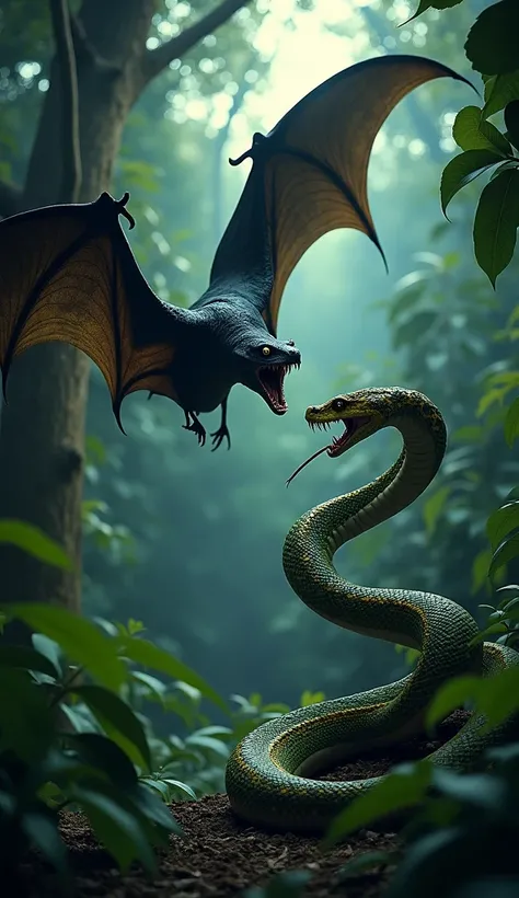  In a dense and dark forest ,  a giant bat with sharp black wings faces a colossal snake ,  with green and yellow scales . The Bat, agile and menacing ,  display their teeth and claws ,  their eyes glowing with anger . the cobra,  with their sinuous body a...