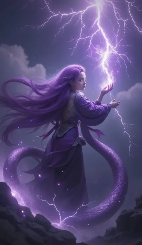 lamia, snake woman, long curling tail, mermaid, snake tail, no legs, extremely long purple hair, flowing hair, robe, magic staff, glowing white eyes, lightning, casting spell, purple scales, red eyes, long tail, beautiful, voluptuous, beautiful, electric c...