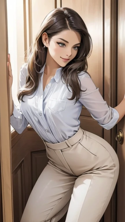 (masterpiece, Best Quality:1.2), Detailed face, Detailed eyes, Elegant woman, Long Hair, High heels,Shiny skin,A shy smile,We welcome you at the door, White Door, shirt, pants