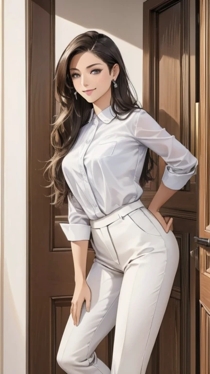 (masterpiece, Best Quality:1.2), Detailed face, Detailed eyes, Elegant woman, Long Hair, High heels,Shiny skin,A shy smile,We welcome you at the door, White Door, shirt, pants