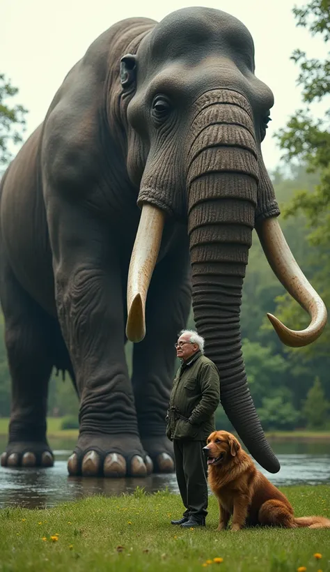 This years photo is a 16k close-up shot of  (Mammos)(giant)(((Very fat):5)and 5m high) With an old man wearing glasses, a dog, the background is a lawn area with a natural pond in the back, calm, cool. 