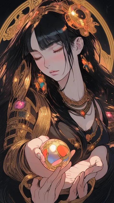 a beautiful young woman with long black hair, eyes closed, holding a crystal ball in both hands, crystal ball in focus, facing forward, anime style, illustration, mucha style, masterpiece, (best quality,4k,8k,highres,extremely detailed:1.2),(photorealistic...