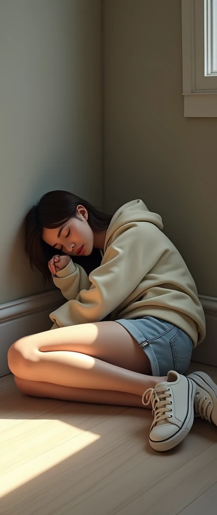 A realistic woman sleeping floor in sneakers and Hoodies and shorts