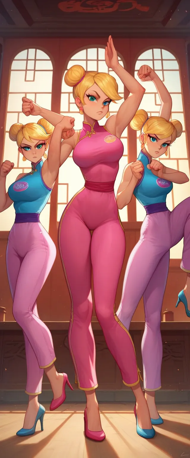 lola loud, 3girls, trio, 24yo girl, large breasts, pink cheongsam,  inside of a chinese temple, looking at viewer, blonde hair, two hair buns , hands  score_9, score_8_up, score_7_up, high heels, teep fighting stance,martial arts, long pink pants with side...