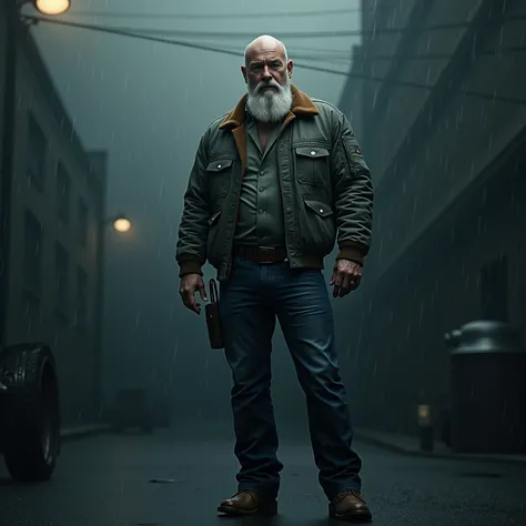 52-year-old , attractive man with great figure ,  bald head and well-groomed long white beard,  flight jacket , Jeans,  cowboy boots , it is raining,  the weather is foggy , UHD