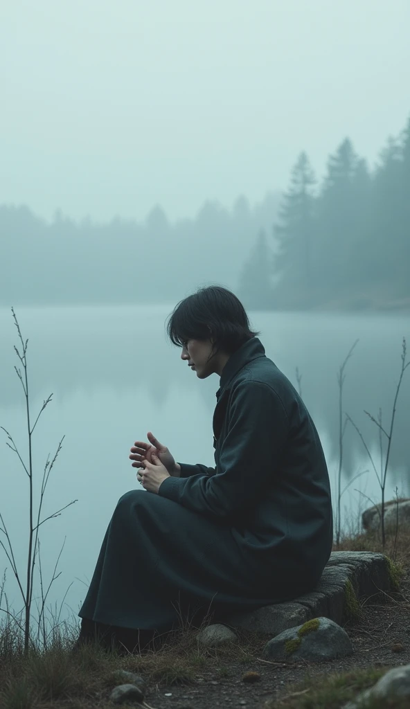 The character sits near the lake, looking thoughtfully at his hands as if envisioning a meal. The background is minimal, with mist rising from the water to create a contemplative mood.