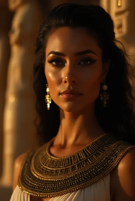 Egyptian Queen, close-up no corpo, collar,  light reflections on the skin, earring, makeup, medium hair, Background of a palace , Egyptian statues, hieroglyphics,  highly detailed , detailed curves, High contrast,  movie grain,  edge lighting , Long exposu...