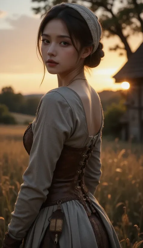 Gorgeous and sultry busty athletic (thin) brunette peasant with sharp facial features wearing a modest updo, medieval hair cover, rough-spun grey and brown medieval peasant dress, long sleeves, wide neck, long dress, tight bodice, corset, Middle Ages, cott...