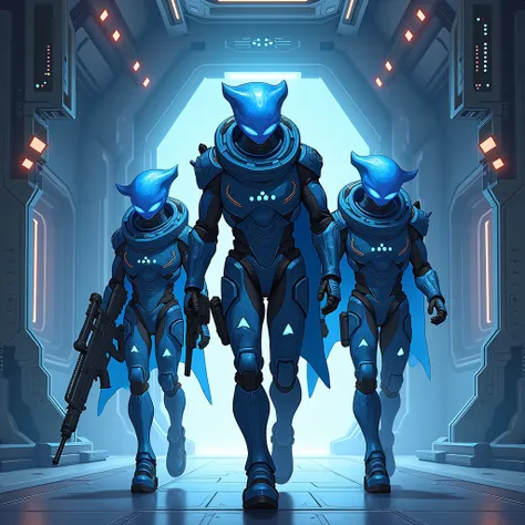  Anime style,  3 blue-skinned aliens with space armor entering a ship room. One of them with a rifle ,  another with a plasma sword and shield ,  and the other with 2 pistols .