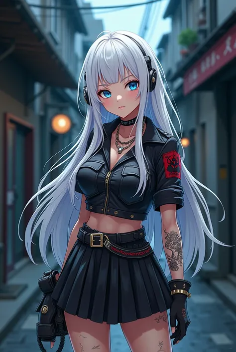 A young anime woman with long white hair blue eyes ,  clothing style with blouse and skirt all in punk style in the middle of an alley at night 2D scenery attention to detail 