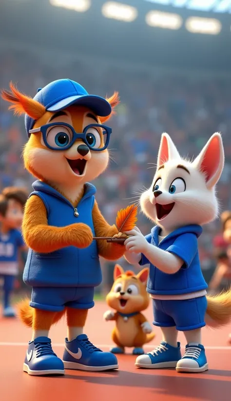 "Owl, 16-year-old referee, wearing blue vest, blue hat, blue shoes, bespectacled face, Max, 16-year-old male white dog, short fur, bright and confident face, blue collar, blue shorts, blue shoes, and whiskers   male orange cat, short fur, curious expressio...