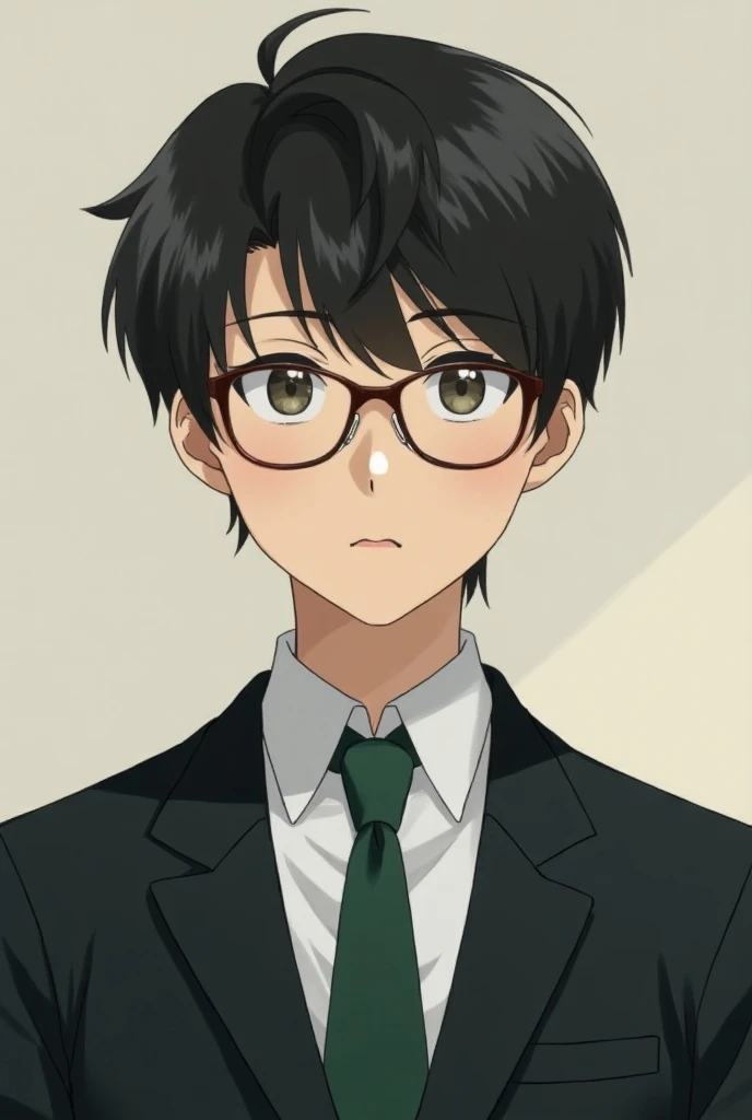 A Japanese male high school student with brown glasses wearing a black blazer and green tie glasses