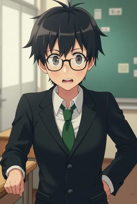 Clumsy male high school student with short-haired Japanese glasses wearing black blazer and green-tie glasses