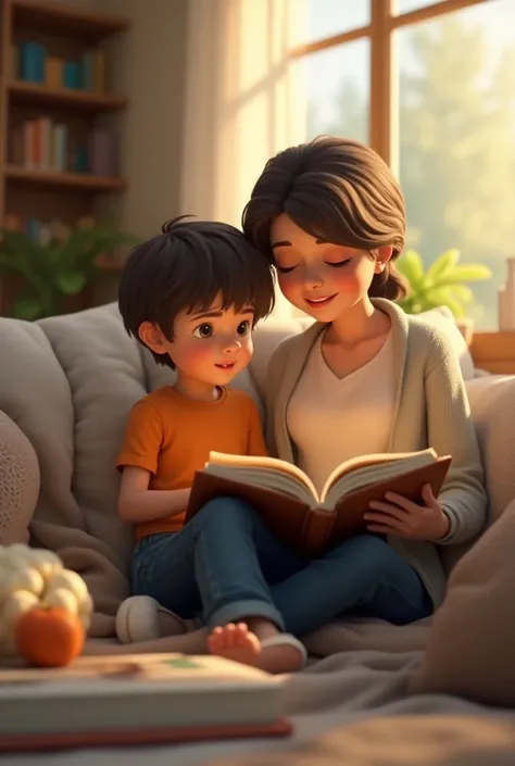 a boy with his mother was reading book at living room,3d