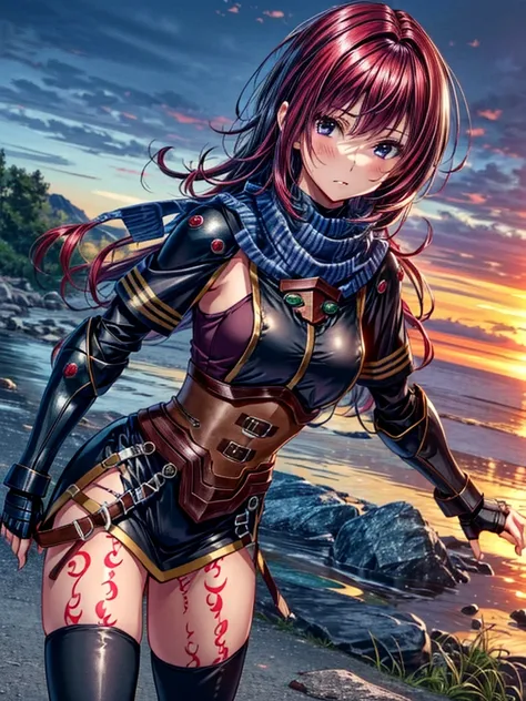   score_9,   score_8_up,   score_7_up,masterpiece, 4K, Realistic, Best Quality, nelzelpher,
1girl, red hair, short hair, green eyes, purple eyes, scarf, armor, fingerless gloves, tattoo, thighhighs, boots,(long hair:1.6)