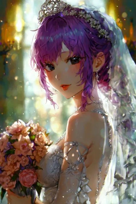 Gorgeous girl with purple hair, black eyes, korean girl, big breasts, wearing a wedding dress and holding a bouquet, sexy