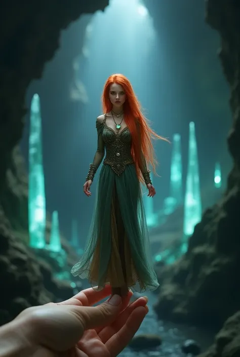 A mysterious miniature sorceress with red hair, in a long dress and a shining locket around her neck, balanced on the tip of a human finger. In the background, a cave with shining crystals