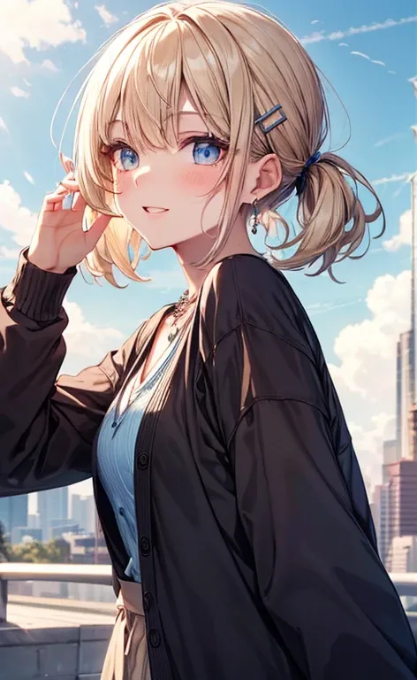  absurd,  ultra-detailed,  bright color ,  very beautifully detailed animated faces and eyes ,  It is in front of the face and body from the right side of  , ;d, Sparkling_skin,Age 25,  short hair, ,  asymmetrical bang,  short blond hair twin tails ,  shin...