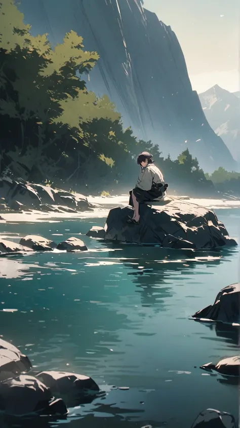 The character sits on a rock, speaking quietly to himself with a thoughtful expression, overlooking the calm water and mountains.