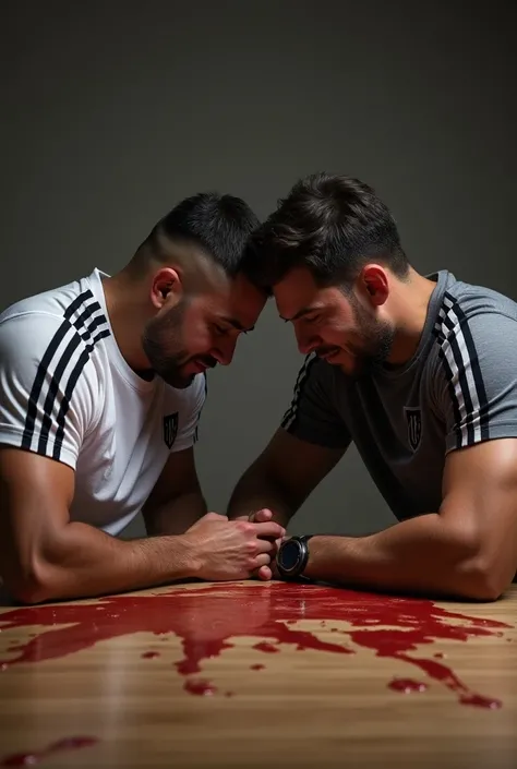 Two men in sports t-shirts with black and white vertical stripes are crying, sitting at a drooling table, one with their head on the others shoulder. They are both crying profusely. One is muscular.