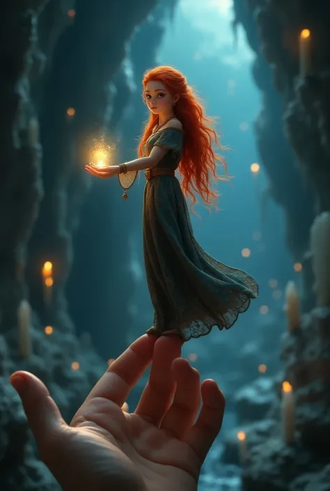 A mysterious miniature sorceress with red hair, in a long dress and a shining locket around her neck, balanced on the tip of a human finger. In the background, a cave with shining crystals