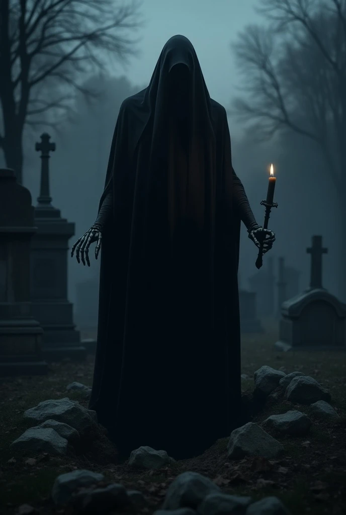  In the cemetery at night there is a man lowered holding a candle in his hand. He has a dark appearance  . He dresses all in black and with a cape. Your face doesnt show but your hands are in bones