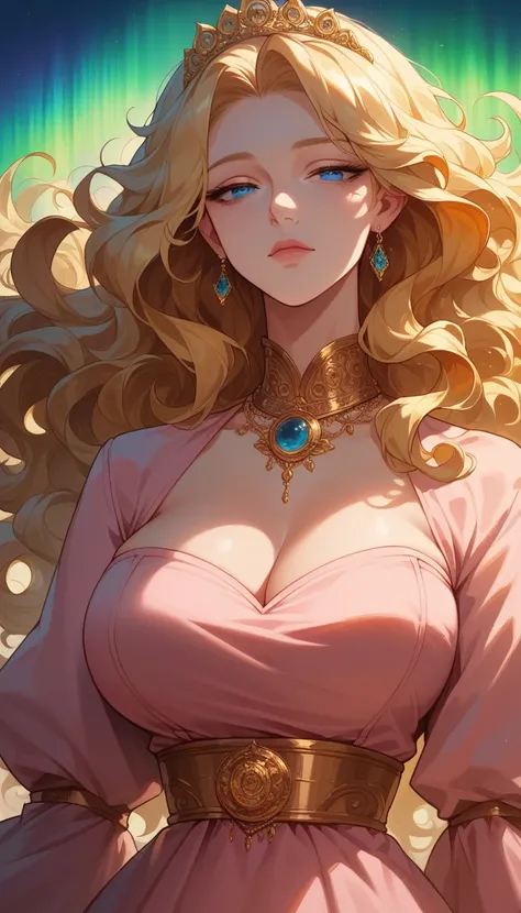 Woman with blonde hair, Aurora, long hair, wavy hair, gold jewelry, gold tiara, half-closed eyes, eye reflection, blue eyes, longeyelashes, big breast, big butt, pink long dress, masterpiece, anatomically correct