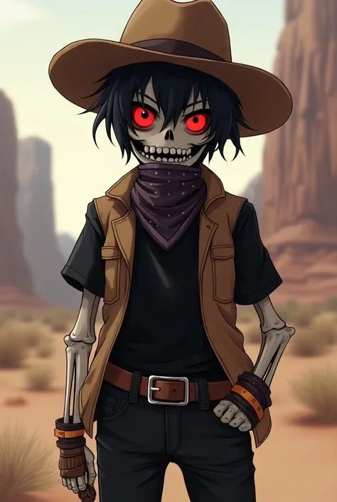 15-year-old skeleton anime with a cowboy hat, red dot on the eyes, Bandana around the mouth, black short sleeve shirt, brown jacket over black pants