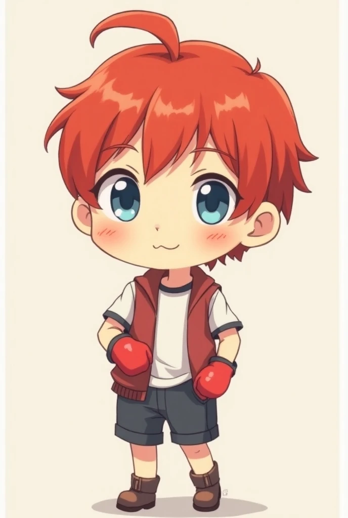 Solo, anime boy, red hair, short ponytail, blue eyes, (((small, short, cute))), cute, ((boxer))