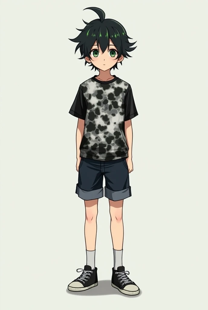 A young teenage boy from anime,  black hair with green threads ,  black and white shirt, dark denim shorts , shoes