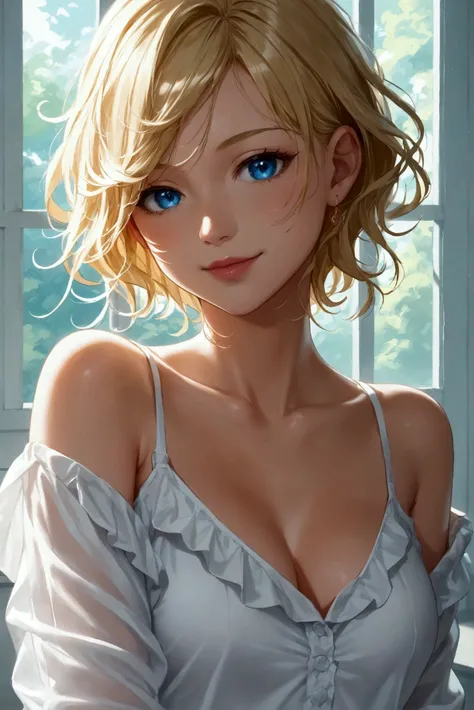 Female character, blond hair, Big hair, blue eyes, white shirt, short shirt, Enchanted expression, white pele, show feet, best quality , 8k, work of art
