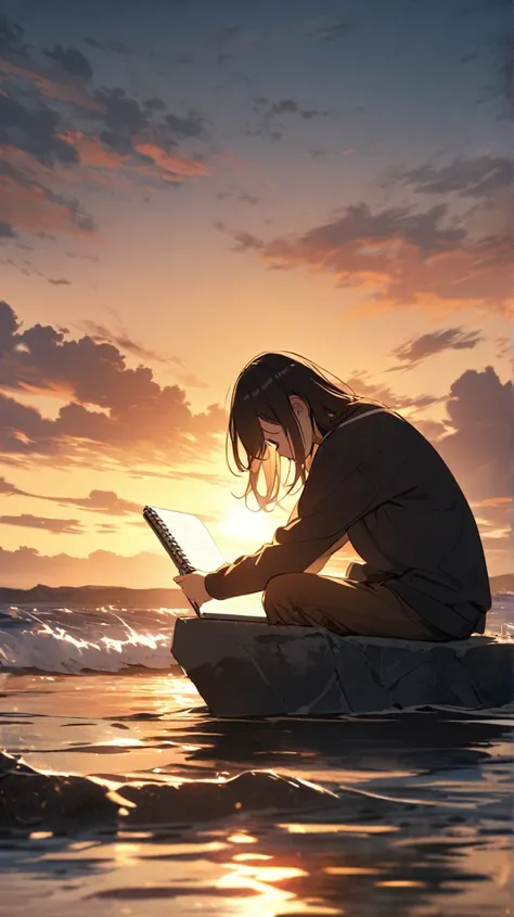 The character starts working on a notebook, seated by the water, fully focused. The background has a warm sunrise, symbolizing motivation and commitment.
