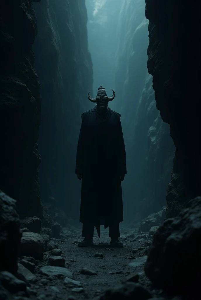 Dedalan is standing in a gorge at the door , Dedalan is a grandfather who can only see a mustache and a grin in the dark in the basement without a body or eyes