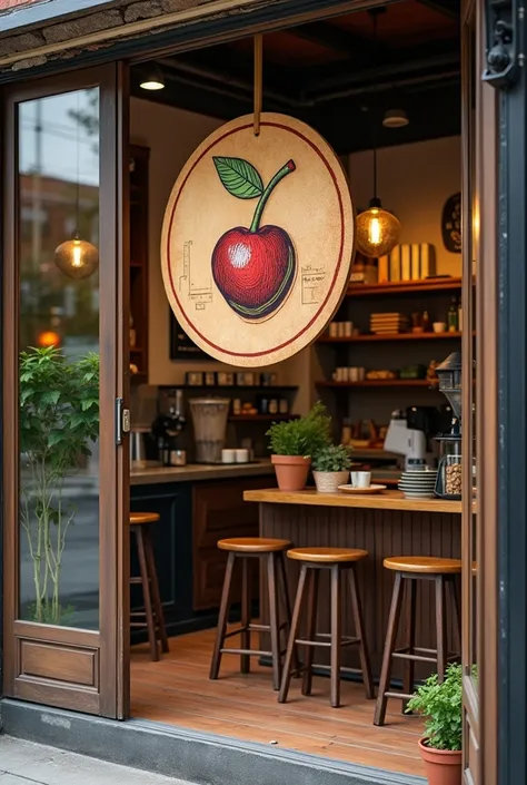 Coffee shop that has a drawing of a cherry made on a coffee bean in the name of the faichada
