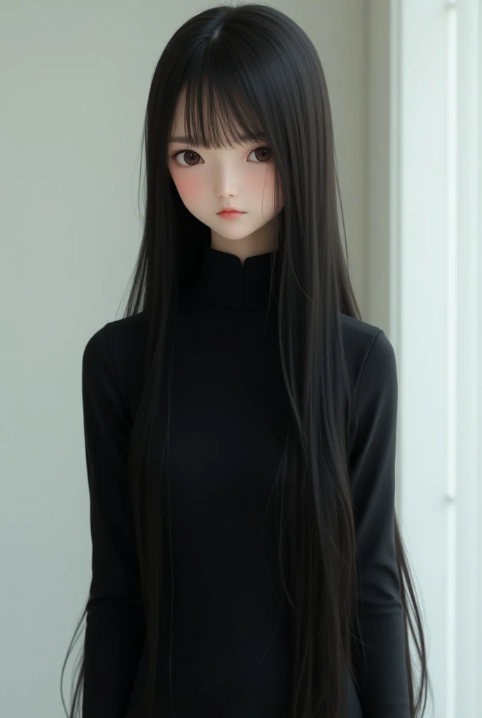 Tall japanese teen girl, really long hair, standing, wearing a long turtlenecks black dress, 4k, photorealism, real photo, realistic, portrait photo