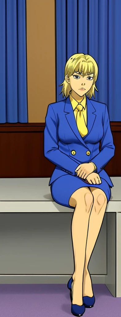 Adult 90s anime blonde business woman in a blue double breasted skirt suit and blue skirt with golden double breasted buttons wearing a tie full body sitting wearing a blue skirt suit